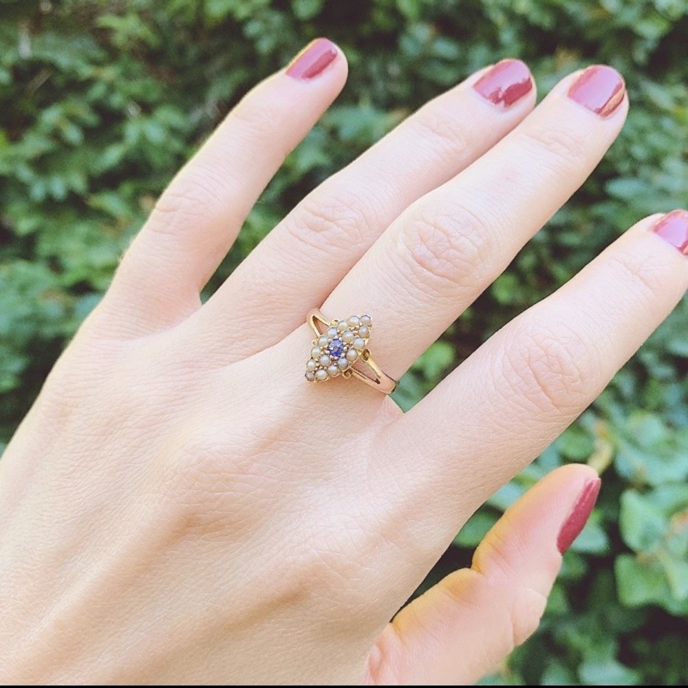 Victorian seed Pearl & blue sapphire ring size 5.5